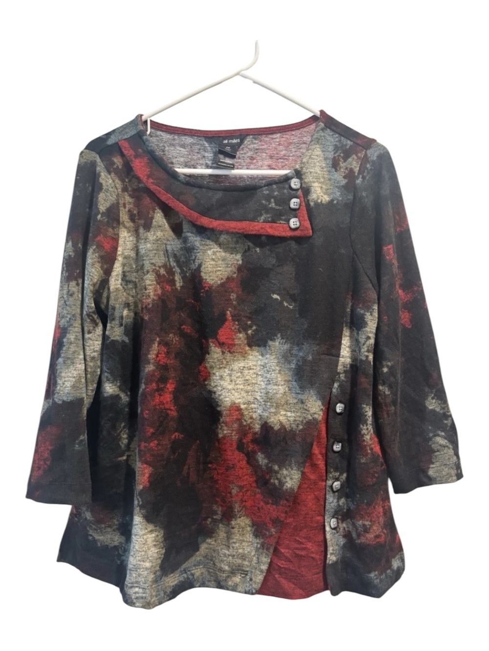 Ali Miles Red Black Multi-Color Asymmetrical Button Long Sleeve Top